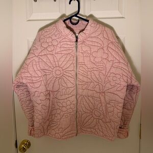 Anthropologie Pink Floral Quilted Bomber Jacket